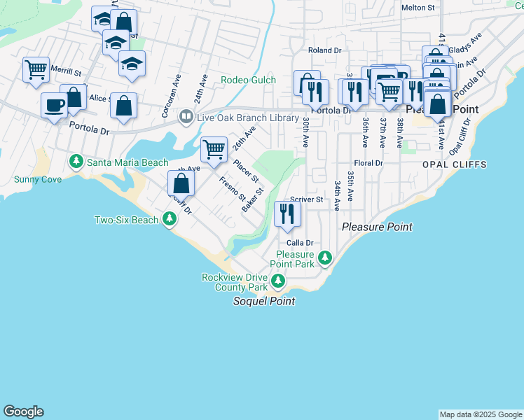 map of restaurants, bars, coffee shops, grocery stores, and more near 2875 Fresno Street in Santa Cruz