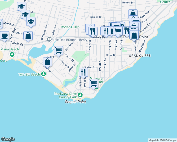 map of restaurants, bars, coffee shops, grocery stores, and more near 355 30th Avenue in Santa Cruz