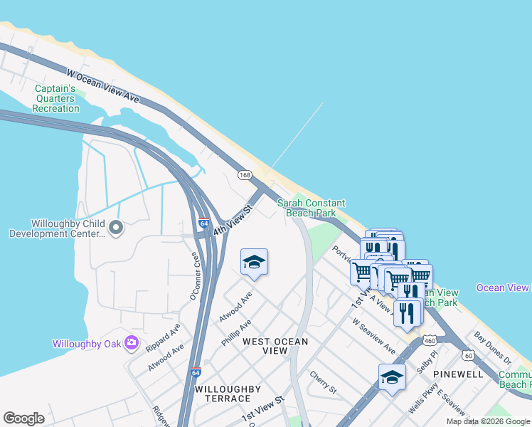 map of restaurants, bars, coffee shops, grocery stores, and more near 368 Staten Street in Norfolk