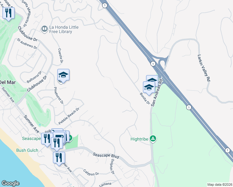 map of restaurants, bars, coffee shops, grocery stores, and more near 423 Ventana Way in Aptos