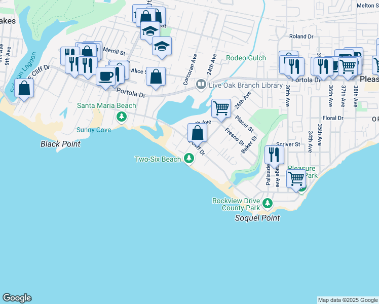 map of restaurants, bars, coffee shops, grocery stores, and more near 140 25th Avenue in Santa Cruz