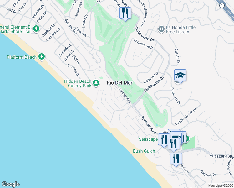 map of restaurants, bars, coffee shops, grocery stores, and more near 816 Vía Tornasol in Aptos