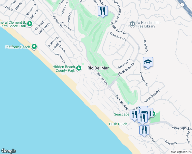 map of restaurants, bars, coffee shops, grocery stores, and more near 816 Vía Tornasol in Aptos