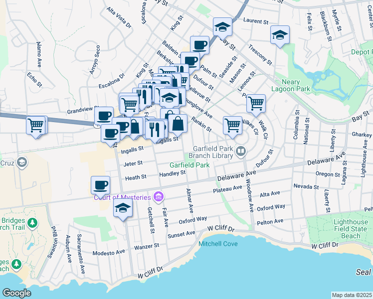 map of restaurants, bars, coffee shops, grocery stores, and more near 700 Almar Avenue in Santa Cruz
