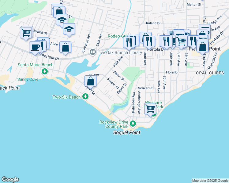 map of restaurants, bars, coffee shops, grocery stores, and more near 353 Baker Street in Santa Cruz