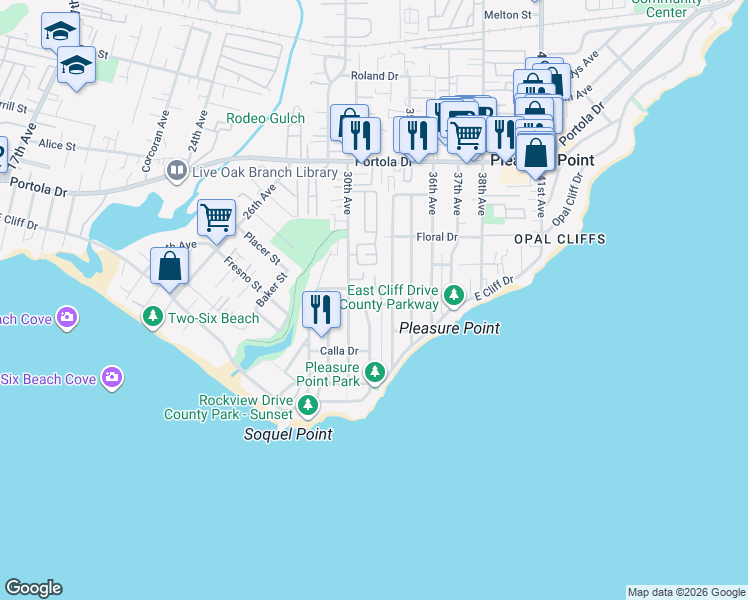 map of restaurants, bars, coffee shops, grocery stores, and more near 345 32nd Avenue in Santa Cruz