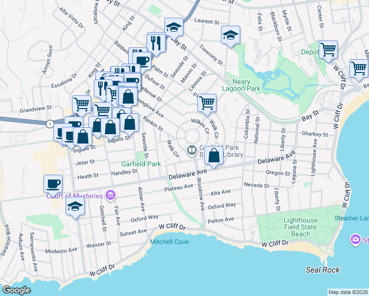 map of restaurants, bars, coffee shops, grocery stores, and more near 521 Wilkes Circle in Santa Cruz