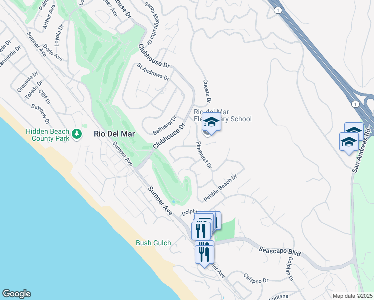 map of restaurants, bars, coffee shops, grocery stores, and more near 121 Greenbrier Drive in Aptos