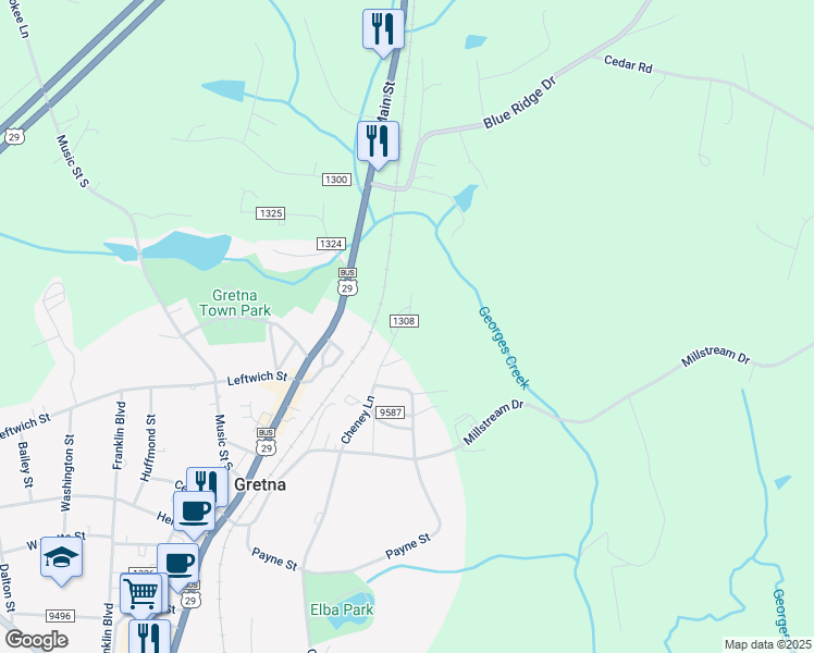 map of restaurants, bars, coffee shops, grocery stores, and more near 645 Virginia Street in Gretna