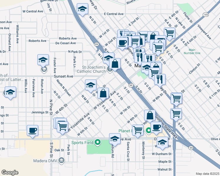 map of restaurants, bars, coffee shops, grocery stores, and more near 114 North J Street in Madera