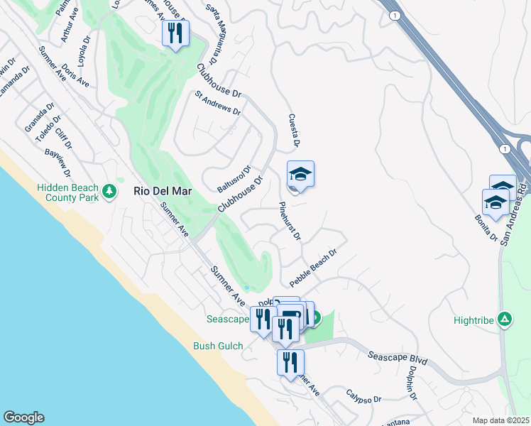 map of restaurants, bars, coffee shops, grocery stores, and more near 121 Greenbrier Drive in Aptos