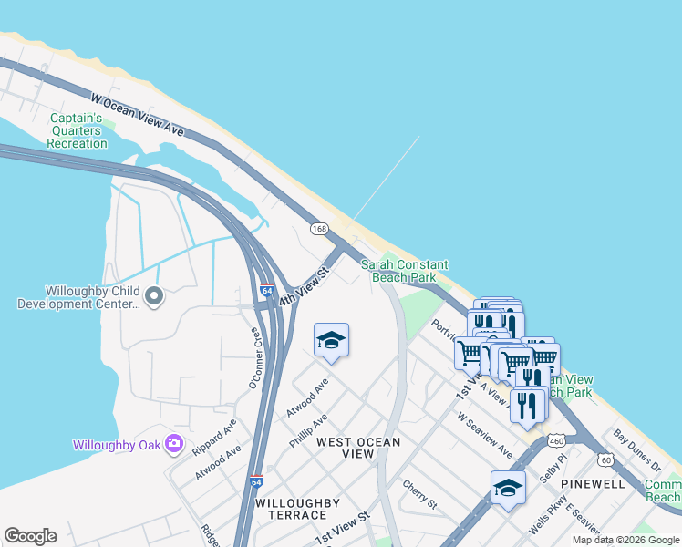 map of restaurants, bars, coffee shops, grocery stores, and more near 368 Staten Street in Norfolk