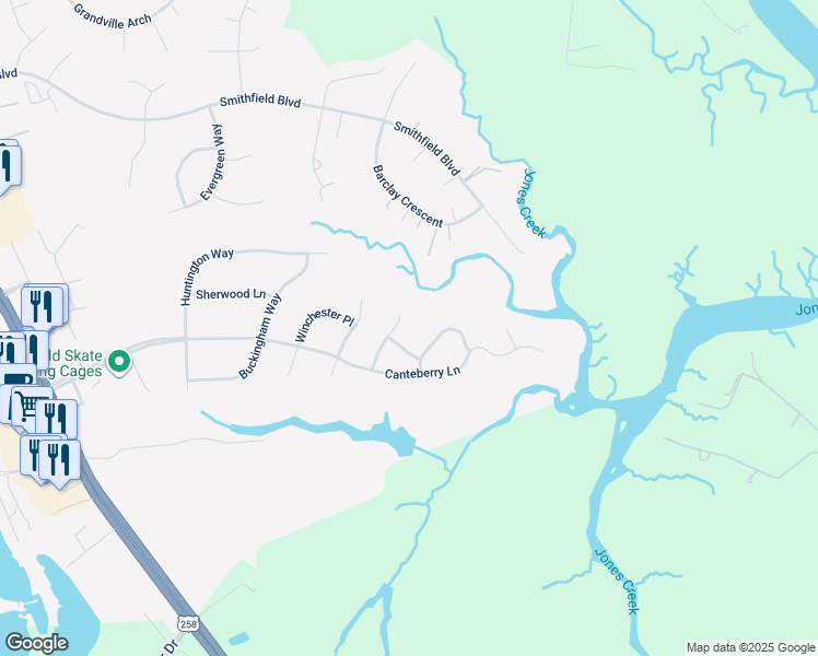 map of restaurants, bars, coffee shops, grocery stores, and more near 204 Manchester Court in Smithfield