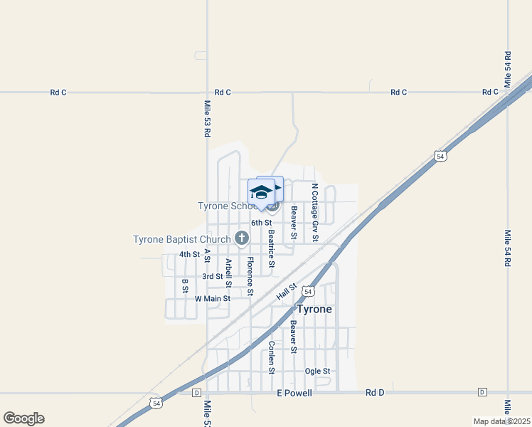 map of restaurants, bars, coffee shops, grocery stores, and more near 803 Cottage Grove in Tyrone
