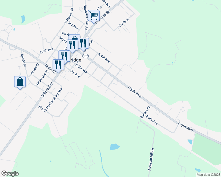 map of restaurants, bars, coffee shops, grocery stores, and more near 117 South Grace Street in Kenbridge