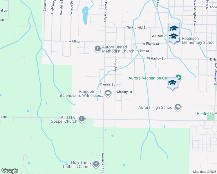 map of restaurants, bars, coffee shops, grocery stores, and more near 1600-1642 South Carnation Drive in Aurora
