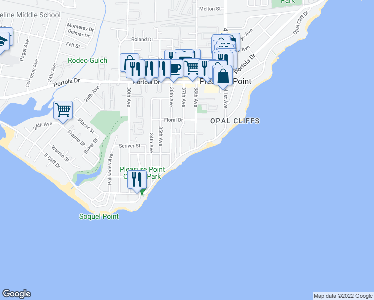 map of restaurants, bars, coffee shops, grocery stores, and more near 23727 East Cliff Drive in Santa Cruz
