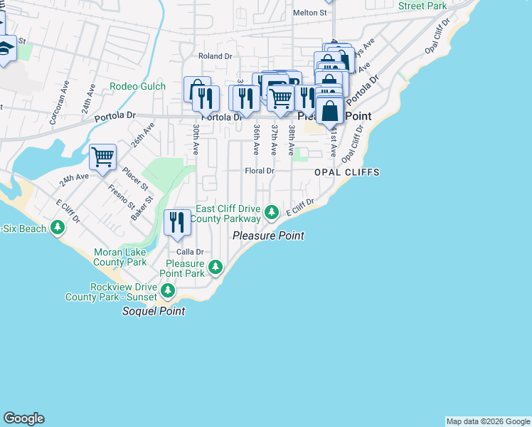 map of restaurants, bars, coffee shops, grocery stores, and more near 360 36th Avenue in Santa Cruz