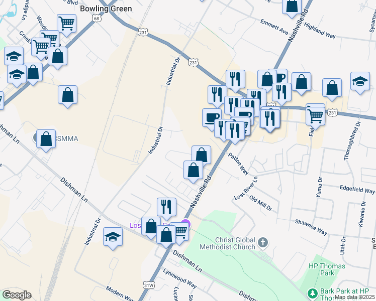 map of restaurants, bars, coffee shops, grocery stores, and more near 595 Lost Circle in Bowling Green
