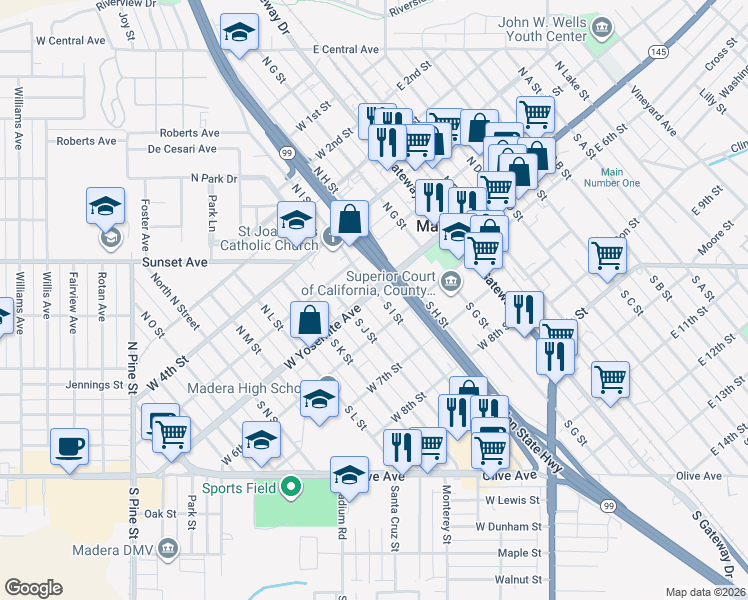 map of restaurants, bars, coffee shops, grocery stores, and more near 118 South I Street in Madera