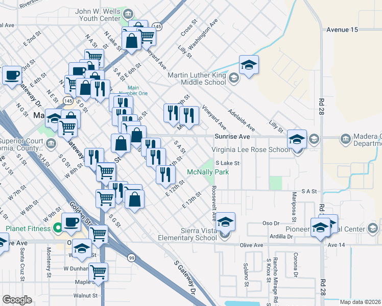 map of restaurants, bars, coffee shops, grocery stores, and more near in Madera