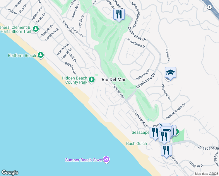 map of restaurants, bars, coffee shops, grocery stores, and more near 115 Palo Alto Place in Aptos