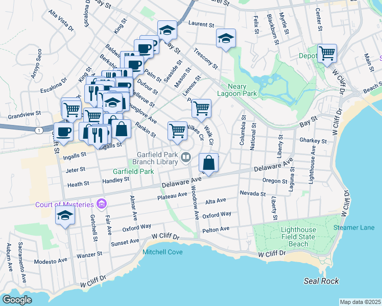 map of restaurants, bars, coffee shops, grocery stores, and more near 541 Wilkes Circle in Santa Cruz