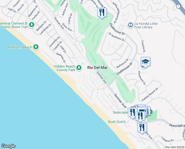 map of restaurants, bars, coffee shops, grocery stores, and more near 115 Palo Alto Place in Aptos
