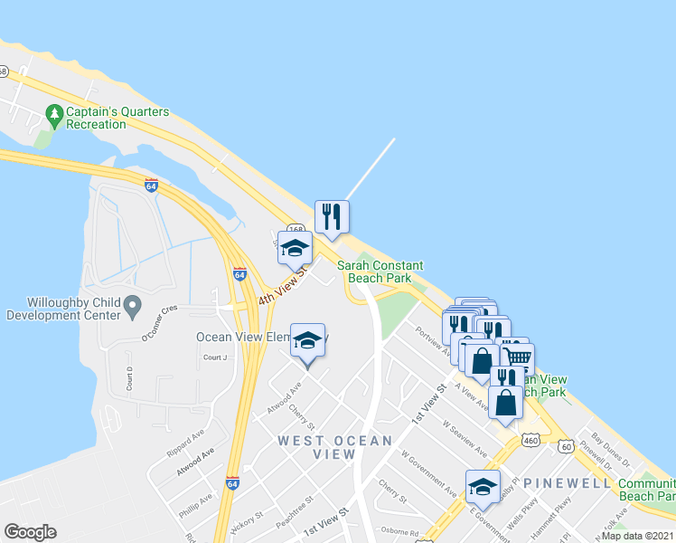 map of restaurants, bars, coffee shops, grocery stores, and more near 357 West Ocean View Avenue in Norfolk