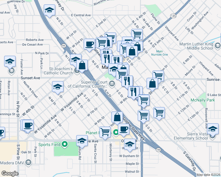 map of restaurants, bars, coffee shops, grocery stores, and more near 200 South G Street in Madera
