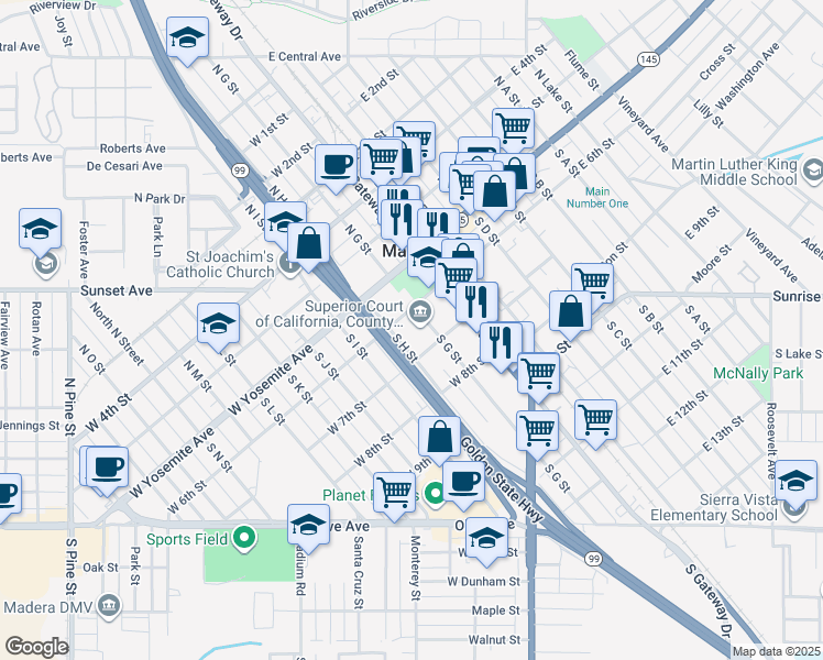 map of restaurants, bars, coffee shops, grocery stores, and more near 200 South G Street in Madera