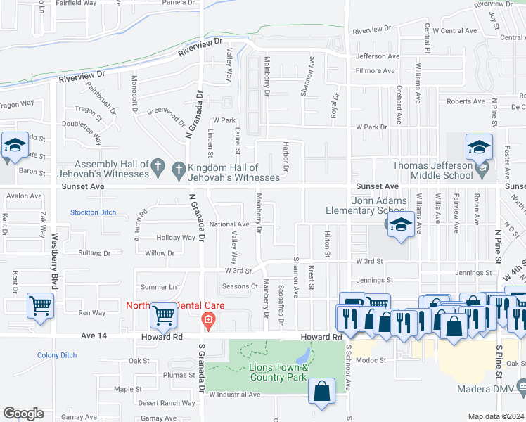 map of restaurants, bars, coffee shops, grocery stores, and more near 509 Mainberry Drive in Madera