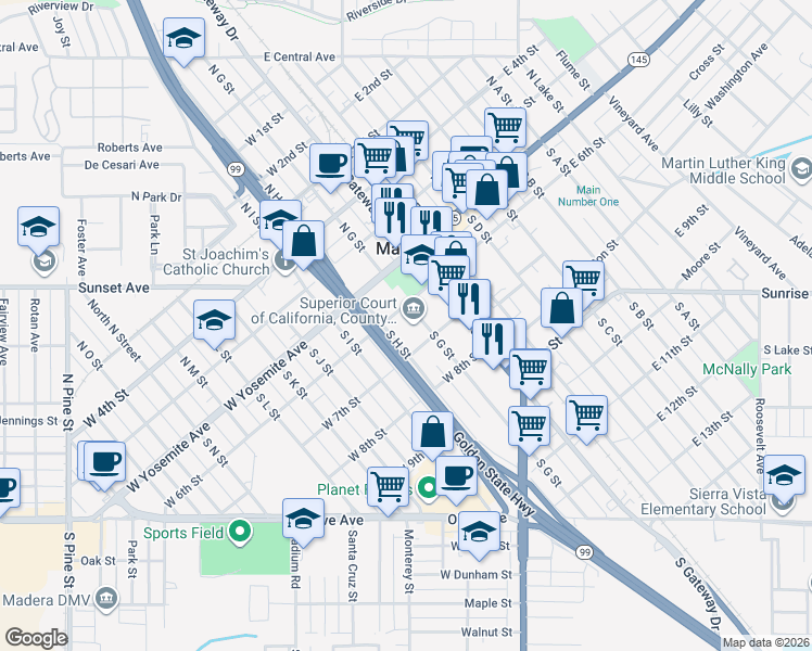 map of restaurants, bars, coffee shops, grocery stores, and more near 228 South G Street in Madera