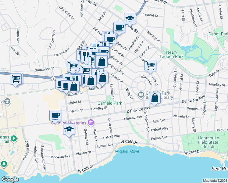 map of restaurants, bars, coffee shops, grocery stores, and more near 155 Surfside Avenue in Santa Cruz