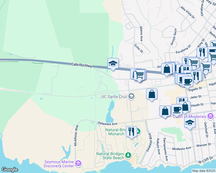 map of restaurants, bars, coffee shops, grocery stores, and more near 1240 Shaffer Road in Santa Cruz