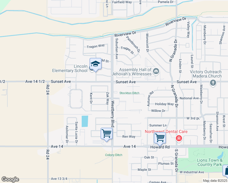 map of restaurants, bars, coffee shops, grocery stores, and more near 500 North Westberry Boulevard in Madera