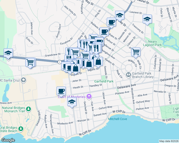 map of restaurants, bars, coffee shops, grocery stores, and more near 1007 Fair Avenue in Santa Cruz