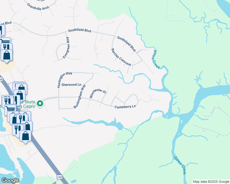 map of restaurants, bars, coffee shops, grocery stores, and more near 203 Manchester Court in Smithfield