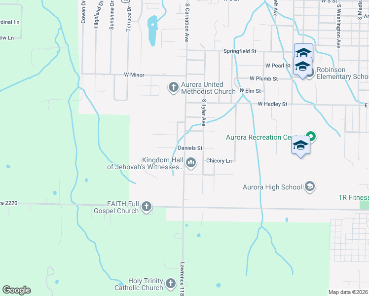 map of restaurants, bars, coffee shops, grocery stores, and more near 1600 South Carnation Drive in Aurora