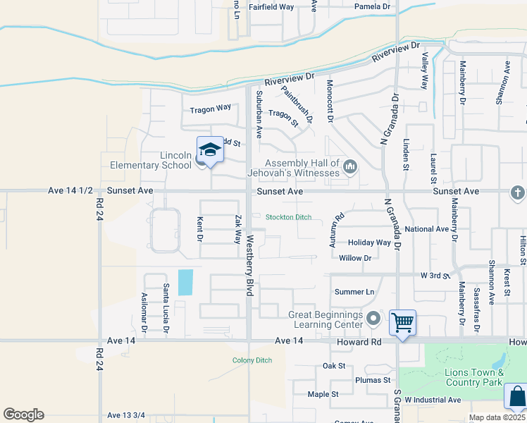 map of restaurants, bars, coffee shops, grocery stores, and more near 3199 Cedar Creek Lane in Madera