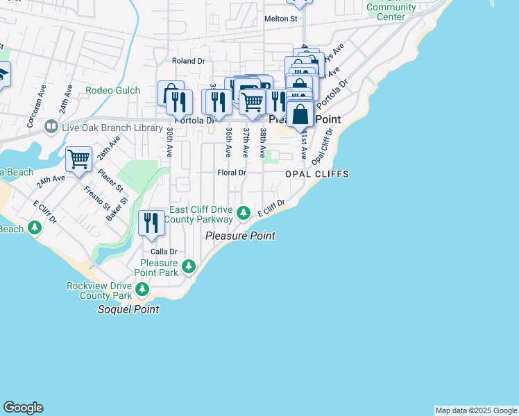 map of restaurants, bars, coffee shops, grocery stores, and more near 23727 East Cliff Drive in Santa Cruz