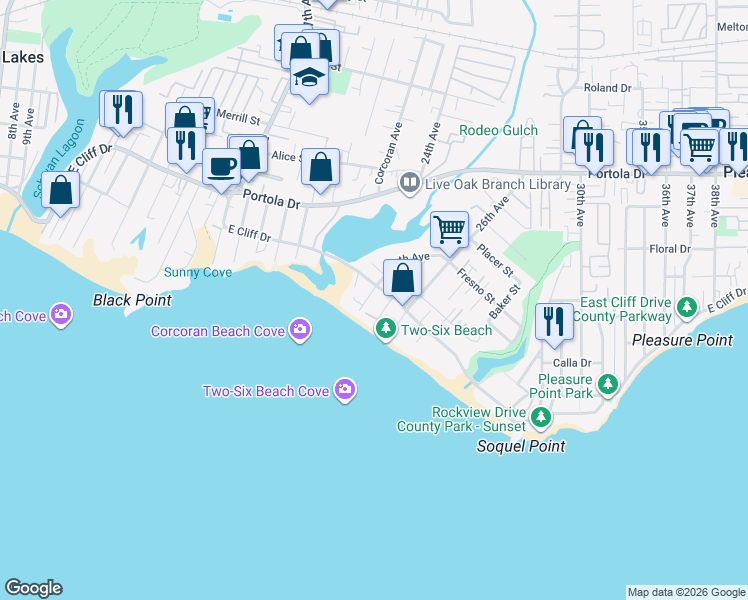 map of restaurants, bars, coffee shops, grocery stores, and more near 140 25th Avenue in Santa Cruz