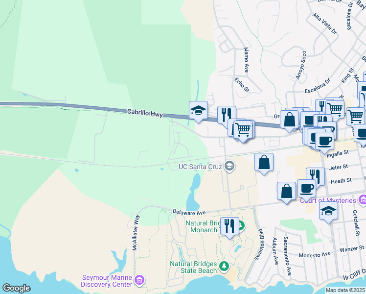 map of restaurants, bars, coffee shops, grocery stores, and more near 1210 Shaffer Road in Santa Cruz
