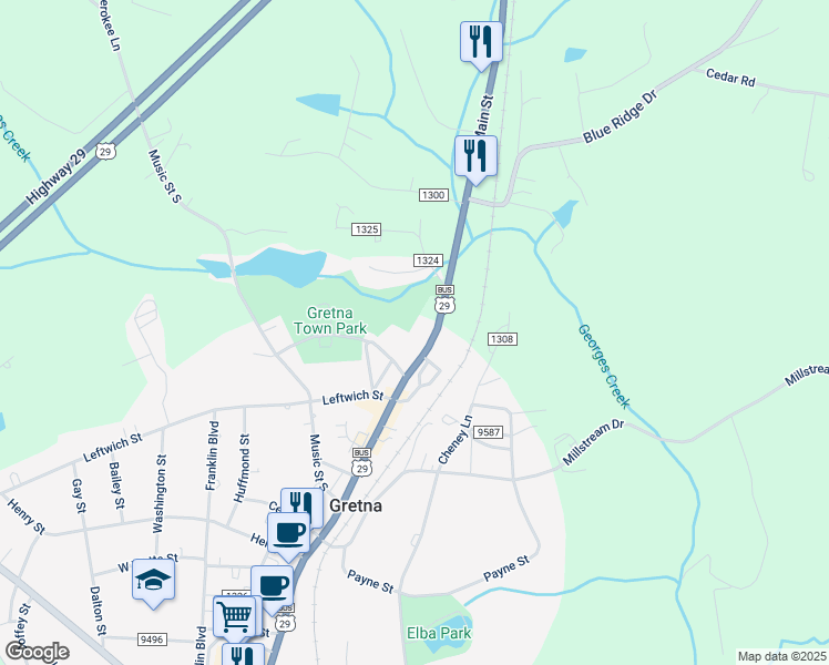 map of restaurants, bars, coffee shops, grocery stores, and more near North Main Street in Pittsylvania County
