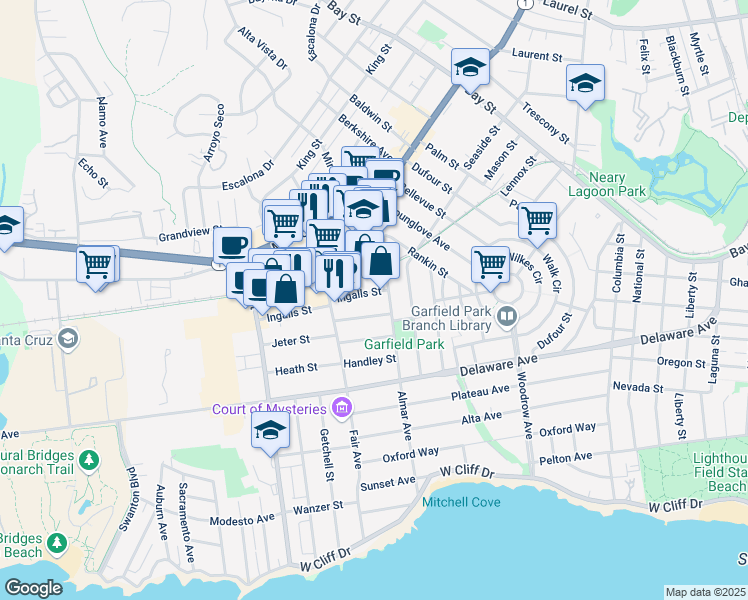 map of restaurants, bars, coffee shops, grocery stores, and more near 119 Anderson Street in Santa Cruz