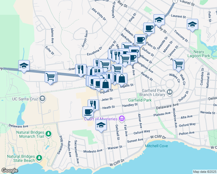 map of restaurants, bars, coffee shops, grocery stores, and more near 375 Ingalls Street in Santa Cruz