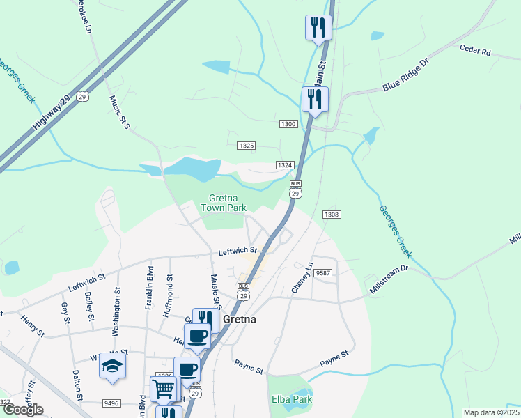 map of restaurants, bars, coffee shops, grocery stores, and more near North Main Street in Pittsylvania County