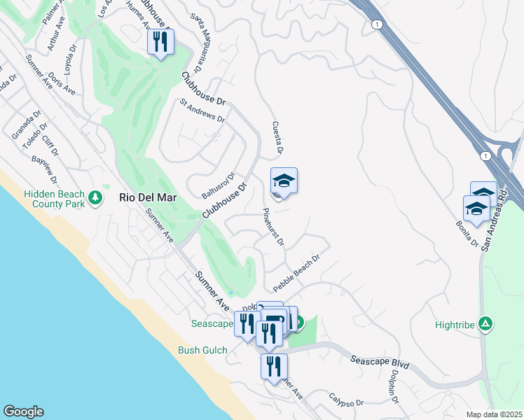map of restaurants, bars, coffee shops, grocery stores, and more near 880 Pinehurst Drive in Aptos