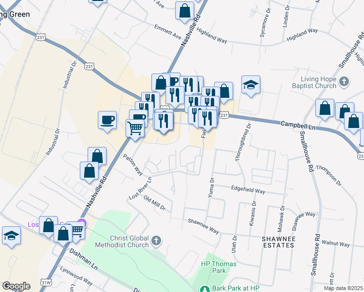 map of restaurants, bars, coffee shops, grocery stores, and more near 851 Fields Drive in Bowling Green