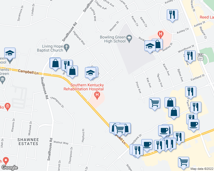 map of restaurants, bars, coffee shops, grocery stores, and more near 1714 Obrian Court in Bowling Green